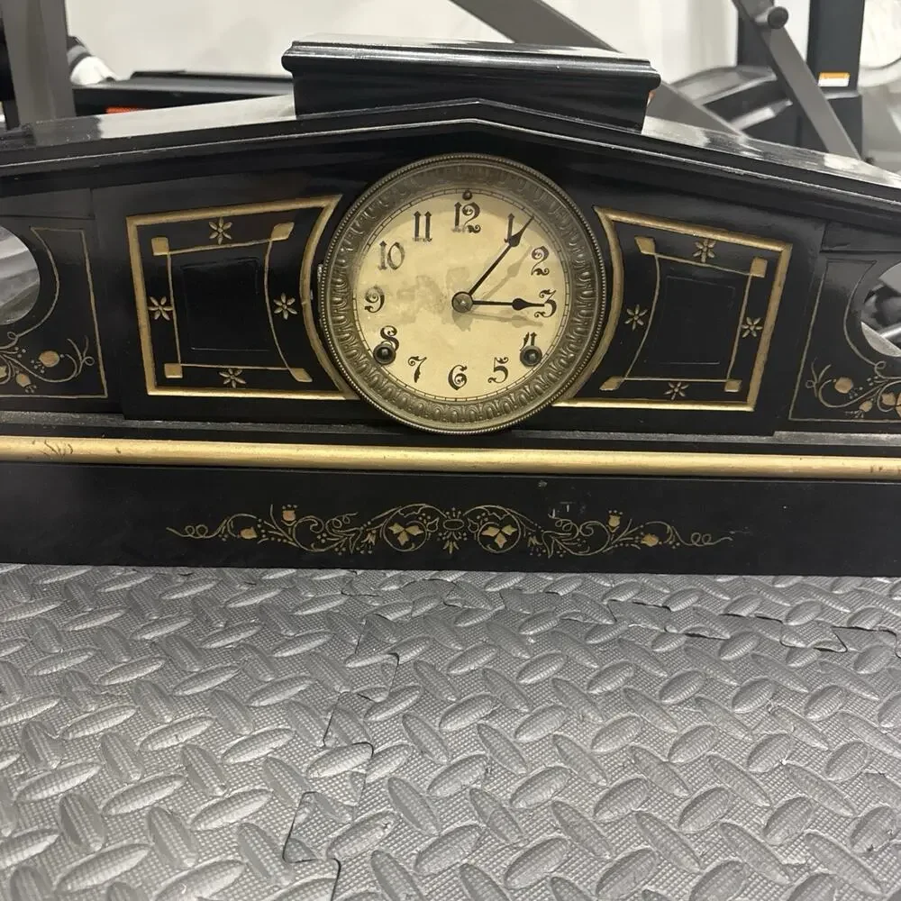 Antique Enameled Wood Mantle Clock With Gold Stenciled Floral Motif *